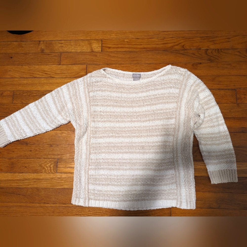 Chicos tan and white striped 3/4 sleeve sweater, size 1(M)